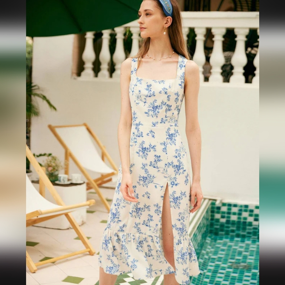 Square neck floral midi dress